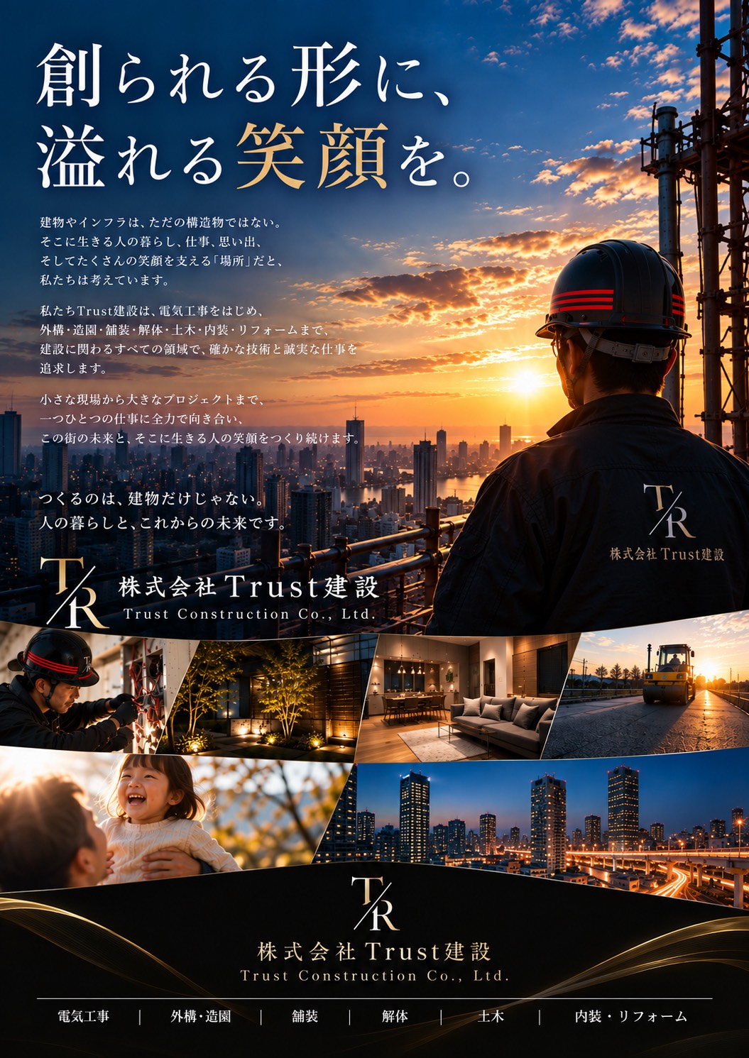 創られる形に、溢れる笑顔を。夕暮れの建設現場とTrust建設の紹介